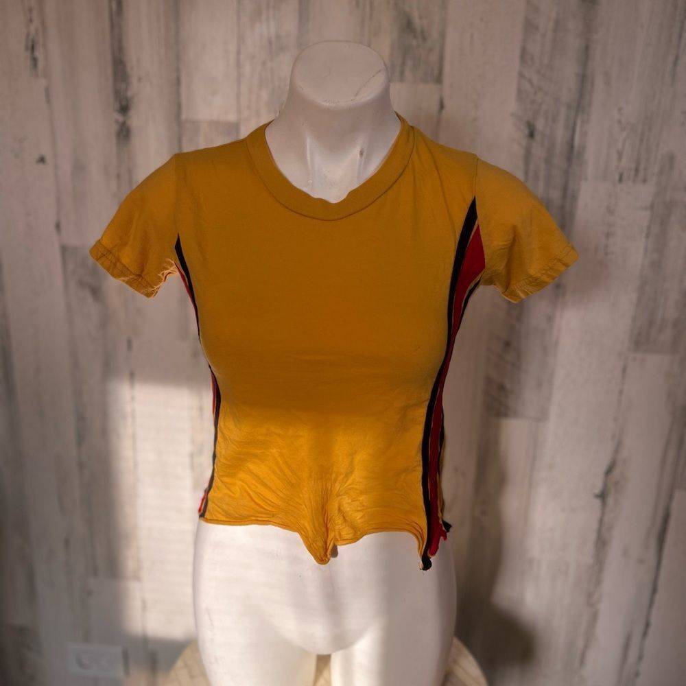 On Fire Mustard Yellow Crop Top Womens Small Side Racing Stripes Retro Crew Neck